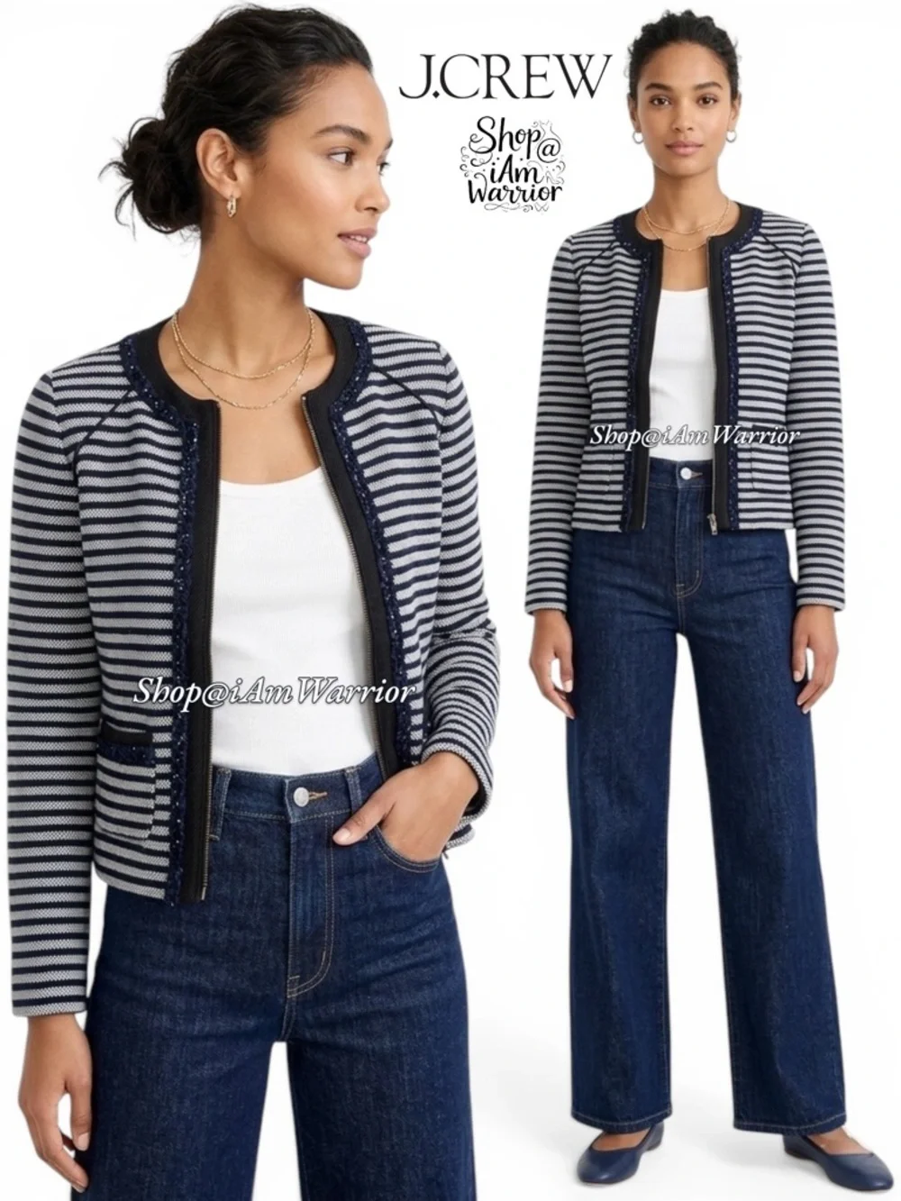 J.Crew navy striped braided trim tweed zip jacket *shop@iamwarrior